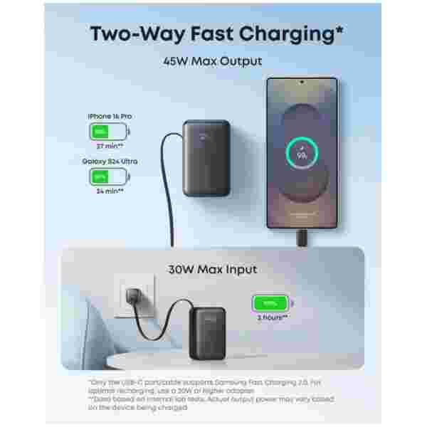 Anker Nano Power Bank 10000 mAh, 45W z vgrajenim USB-C kablom, črn - slika 4