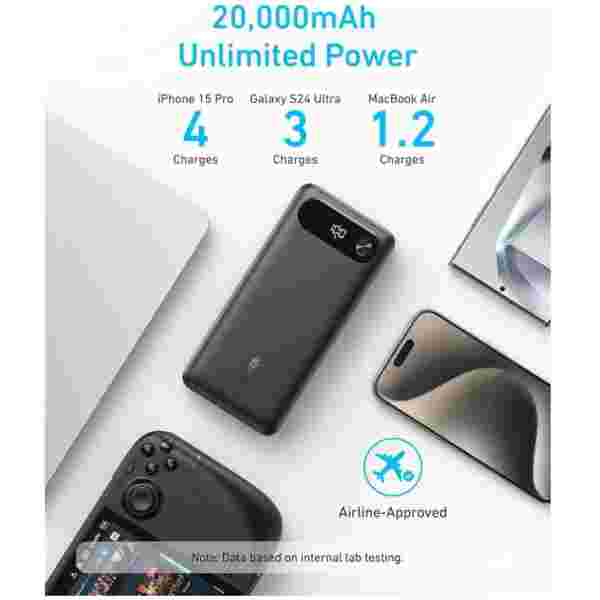 Anker Powerbank 20000 mAh, 87W z vgrajenim USB-C kablom, črn - slika 4