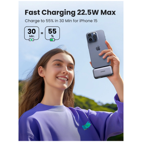 Ugreen 5000mAh 22,5W USB-C polnilna baterija z vgrajenim USB-C priključkom in LED zaslonom - slika 3
