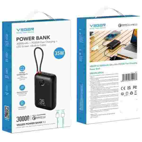 VEGER prenosna baterija z vgrajenimi kabli 30000 mAh, črna - slika 4