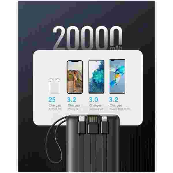 VEGER prenosna baterija z vgrajenimi kabli C20 20000 mAh, črna - slika 4