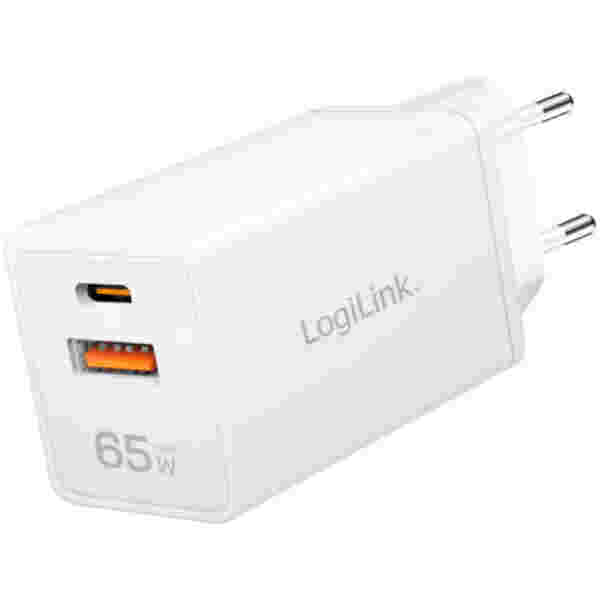 Hišni polnilec 100-240V => 1x USB-C (ž) 1x USB-A (ž) 65W GaN PD3 QC4 LogiLink (PA0371)