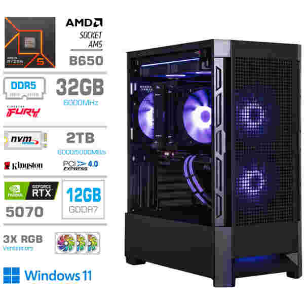 Računalnik MEGA MT S8 R5-9600X/RTX5070/32GB-DDR5/2TB-4.0/750W/Win11Home/črna RGB + Estetski napajalni kabli [Vijolična/ Črna]