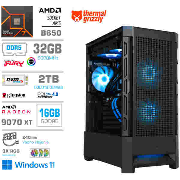 Računalnik MEGA MT S8 R7-7700X/RX9070 XT/32GB-DDR5/2TB-4.0/750W/Win11Home/črna RGB + Estetski napajalni kabli [Modra / Črna]