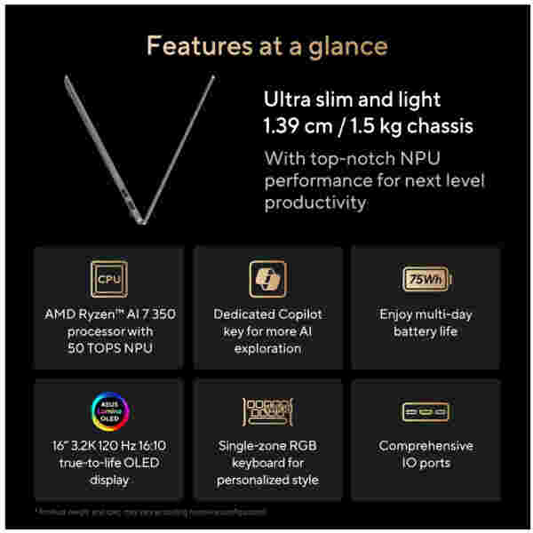 Prenosnik Asus 40,64 cm (16,0") Vivobook S 16 2880x1800 OLED 500nit 120Hz Ryzen AI 7 350/24GB/SSD1TB/BL RGB/Windows Hello/AI/AMD Radeon/Win11Home (90NB1592-M004Z0) - slika 5