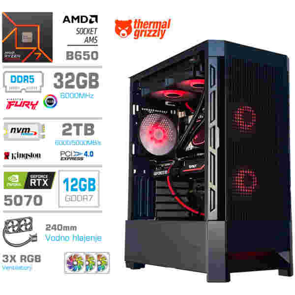 Računalnik MEGA MT S8 R7-7700X/RTX5070/32GB-DDR5/2TB-4.0/750W/Brez OS/črna RGB + Estetski napajalni kabli [Rdeča / Črna]
