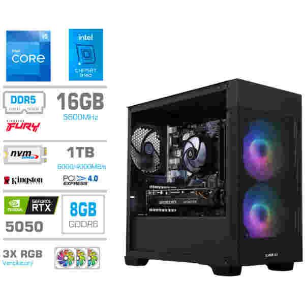 Računalnik MEGA MT S7X i5-12400F/RTX5050/16GB/1TB-4.0/750W/Brez OS/črna RGB