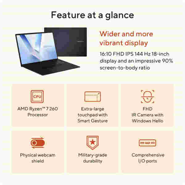 Prenosnik Asus 46,74 cm (18,4") Vivobook 18 1920x1080 IPS 300nit 144Hz Ryzen 7 260/32GB/SSD1TB/BL/AMD Radeon/Win11Home (90NB15P1-M00780) - slika 4