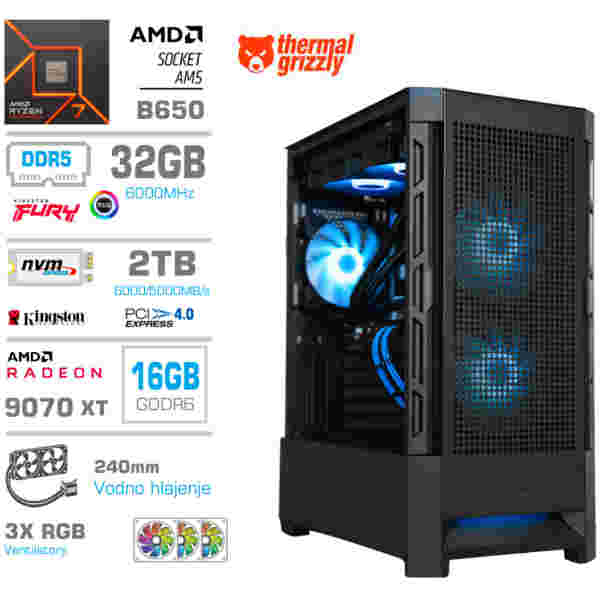 Računalnik MEGA MT S8 R7-7700X/RX9070 XT/32GB-DDR5/2TB-4.0/750W/Brez OS/črna RGB + Estetski napajalni kabli [Modra / Črna]