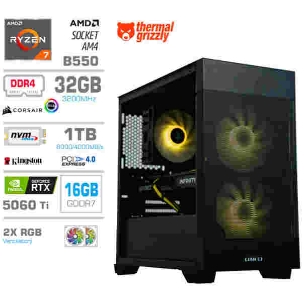 Računalnik MEGA MT S7X R7-5700X/RTX5060Ti-16GB/32GB/1TB-4.0/750W/Brez OS/črna RGB + Estetski napajalni kabli [Svetlo modra / Črna]